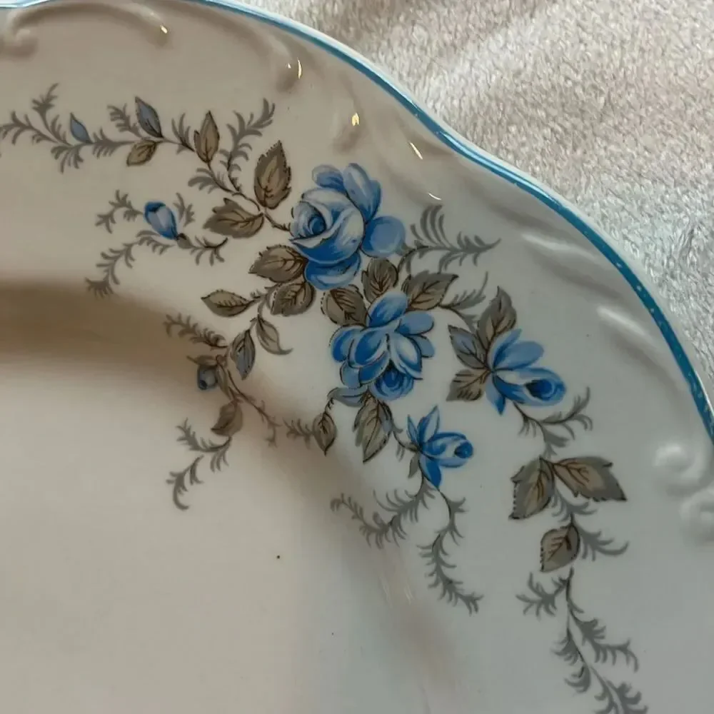 Sterling Colonial Plate 9 3/4 Inches Round White Blue Roses & Trim Scallop Edge